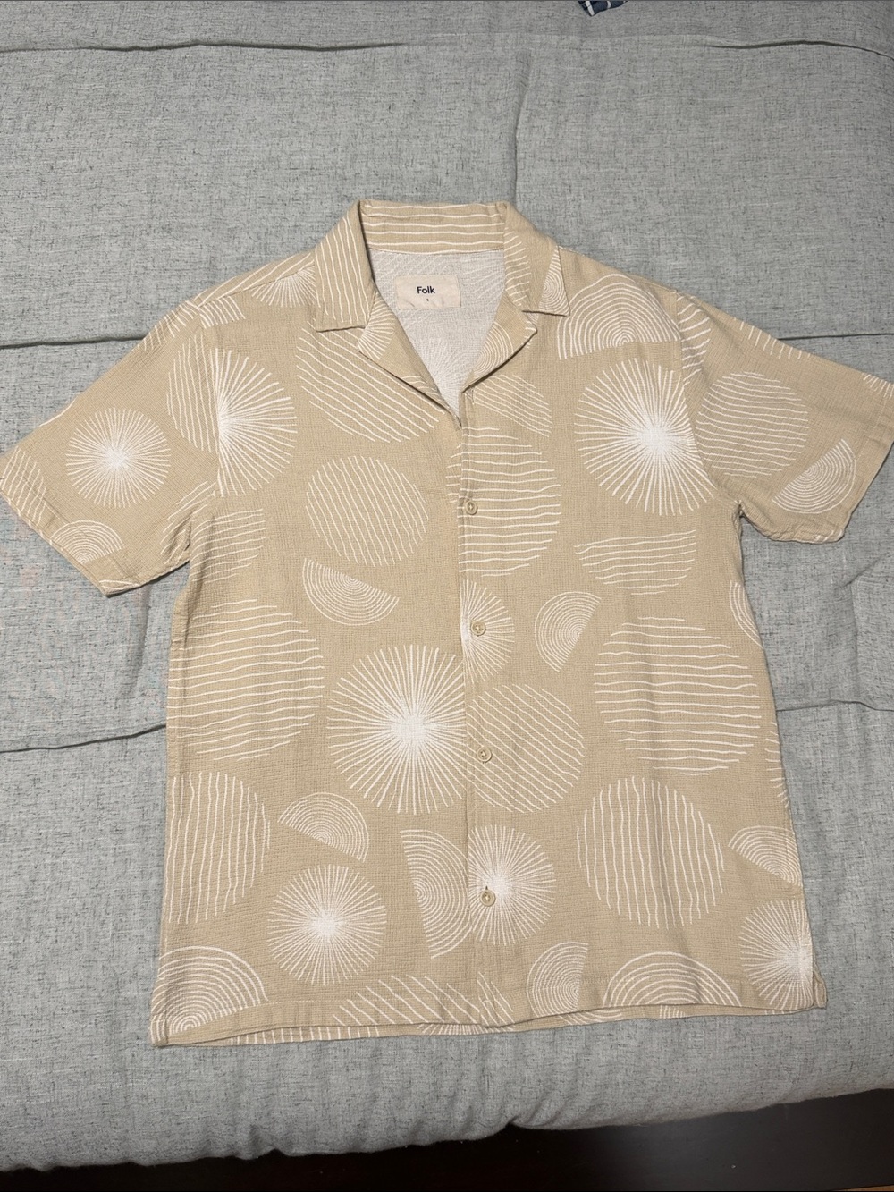 Folk Beige Short-Sleeve Camp Collar Shirt with White Abstract Circles